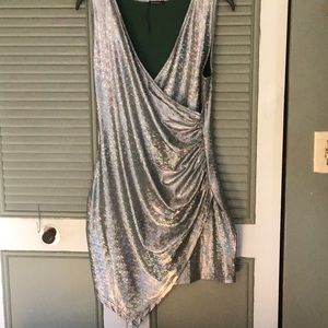 NWOT Shiny holographic assymetric hem green/silver dress